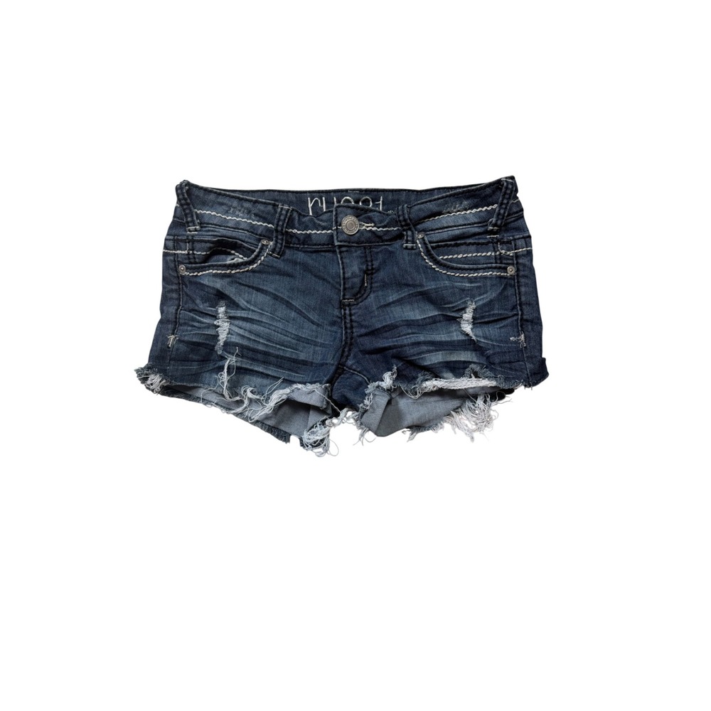 Rue21 Y2K Low Rise Micro Mini Denim Shorts Distressed Dark Wash